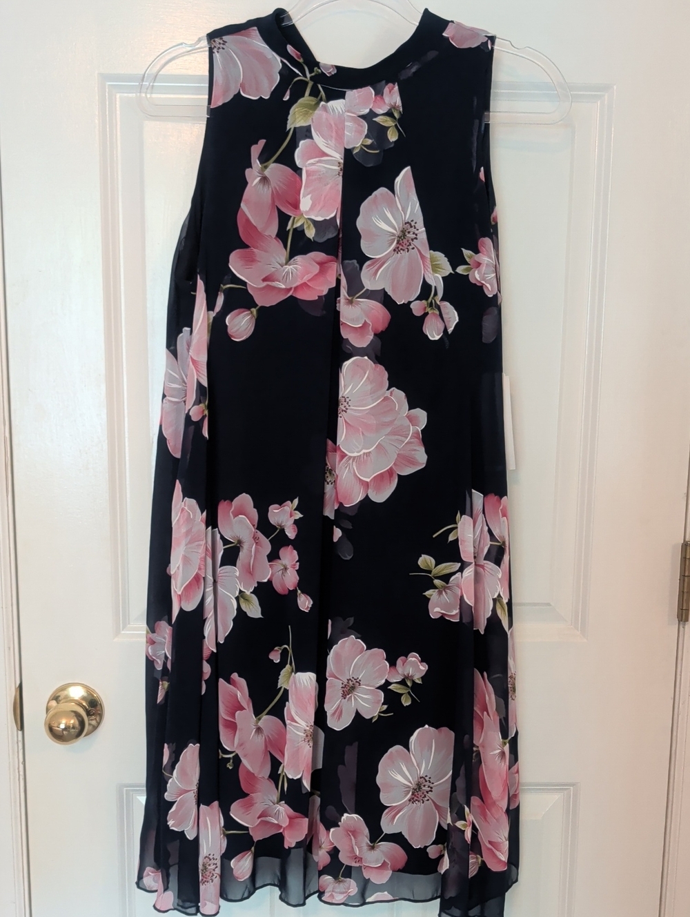 NEW Robbie Bee Women 16P Navy Pink Floral Chiffon Sleeveless Tie Dress